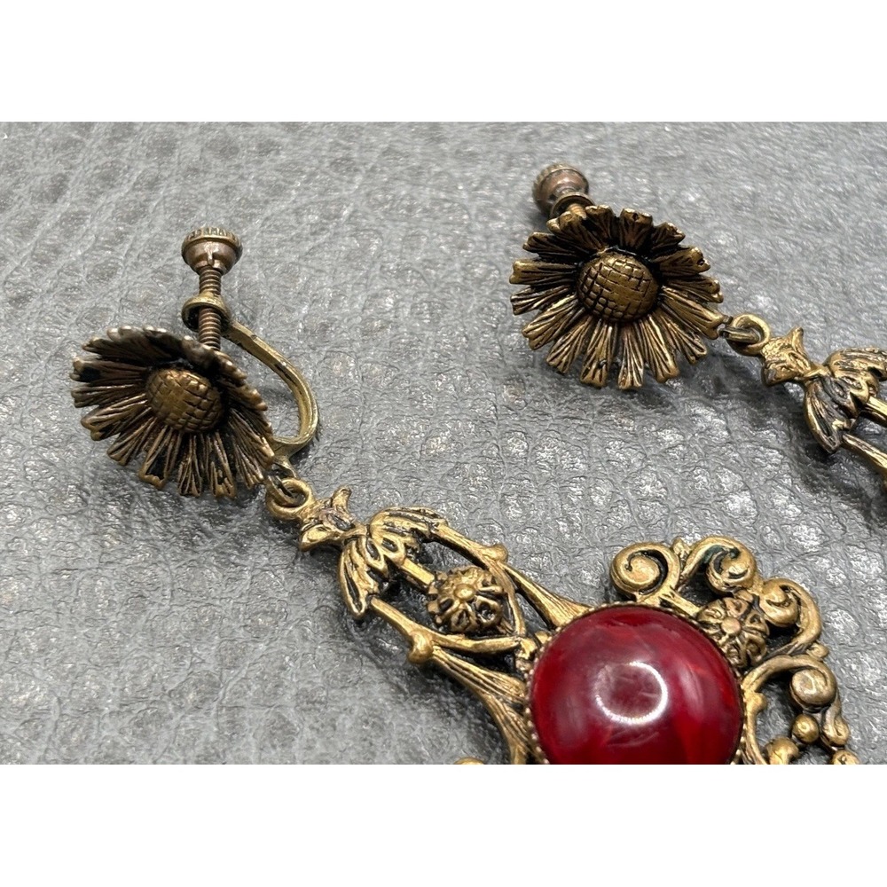 Vintage Czech Art Nouveau Deco Glass Cabochon Flower Dangle Earrings Brass Tone - Picture 5 of 10